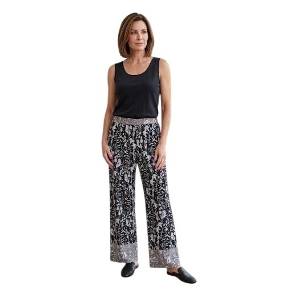 Susan Graver Liquid Knit Wide Leg Floral Pants Black White A516368 Womens Medium